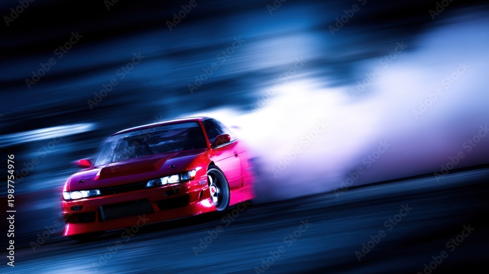 Obraz premium A red sports car drifts through a smoky track, highlighting speed and motion with dynamic lighting