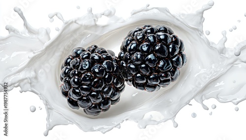 Two dark, ripe berries splash into a creamy white liquid, creating dynamic motion