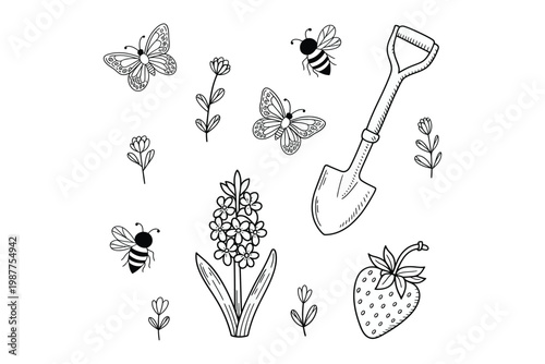 A charming black and white illustration depicts gardening tools flowers a strawberry and a bee on transparent background high-quality professional.