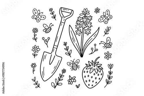 A charming black and white illustration depicts gardening tools flowers a strawberry and a bee on transparent background high-quality professional.