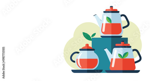 Artistic vector graphic depicting three modern glass teapots with red tea and green leaves, set against a minimalist white background.