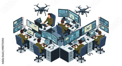 A team of operators in a control room monitors multiple drone feeds on various screens, with drones flying overhead.