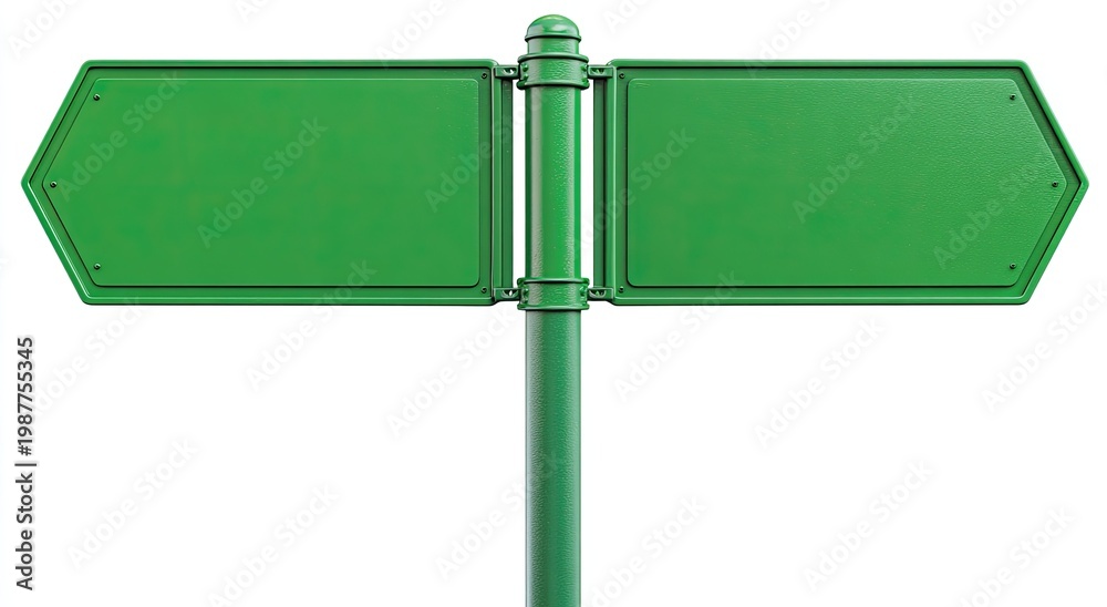 Obraz premium A green two-way directional signpost with blank arrow-shaped panels on a white background