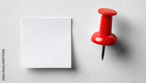 A blank white square note with a red pushpin on a textured white surface