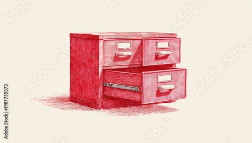 Red wooden cabinet with two drawers, one open, revealing metal slides