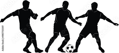 Action silhouette of professional soccer players dribbling ball, athletic football teammates in competition, sports training, isolated on white background, teamwork.