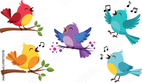 Canvas Print Colorful cute cartoon birds singing on branches with music notes flying isolated