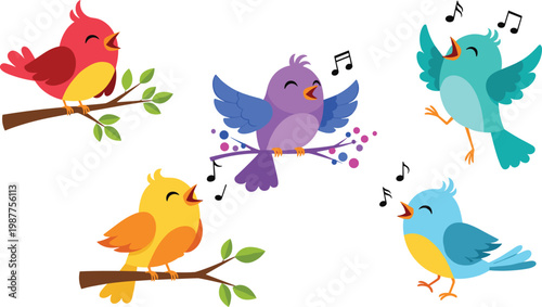 Photography Cute colorful cartoon birds singing on branches vector illustration cheerful ani