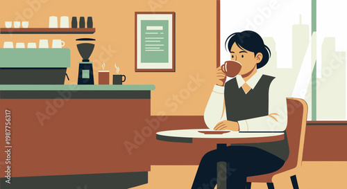 Woman Sitting at Coffee Shop Counter.