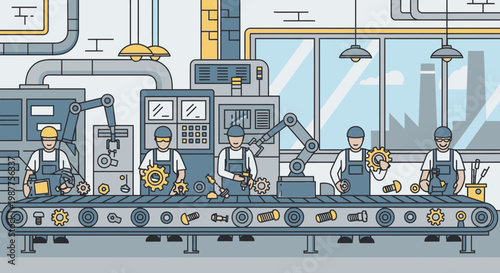 Workers on an industrial assembly line.