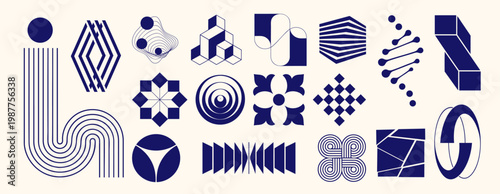 Cuadro en lienzo Mid century modern geometric abstract vector set with blue minimal line symbols,