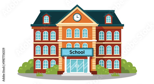Modern cartoon school building illustration with clock tower, symmetrical architecture, educational institution facade, colorful academic campus exterior design concept graphic