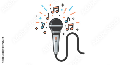 Microphone with music notes and symbols.