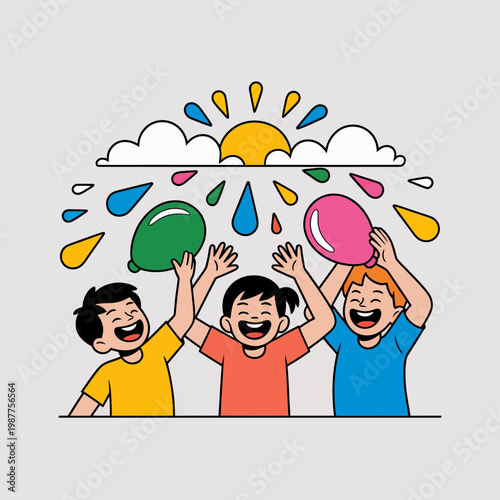 Three happy children celebrating with colorful balloons under a bright sun and clouds illustration representing joyful childhood playtime and vibrant celebration moments