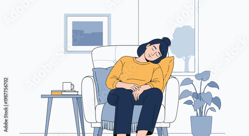Woman sitting on chair sleeping peacefully.