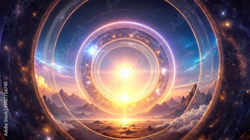 A bright, glowing portal in the sky above a mountainous landscape at sunset time