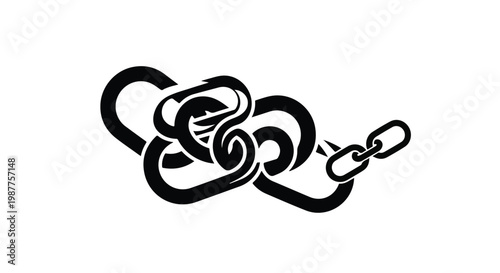 Chain links connected in a complex tangled knot symbolize the strength, security, and unbreakable nature of industrial or digital bonds.