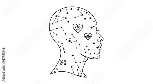 Human head profile features a constellation of stars and heart symbols to represent the complex nature of human emotions, love, and psychological states.