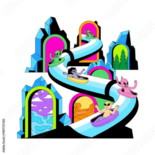 Vibrant cartoon illustration featuring playful aliens sliding down a curvy water park slide amidst colorful fantasy portals and geometric mountain peaks in a fun design