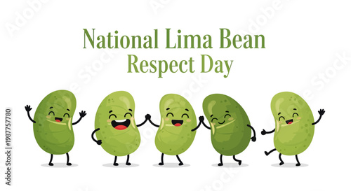 Cartoon lima beans cheerfully celebrate National Lima Bean Respect Day in a vector illustration, displaying healthy legumes with happy faces, conveying a vegan food concept against a clean