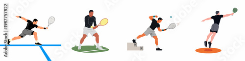 Collection of male tennis and padel players in various action poses, including lunging, swinging, and jumping, depicted in a flat vector illustration style.