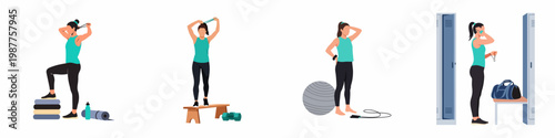 Flat vector illustration set of a woman preparing for and engaging in various fitness activities at the gym and locker room.