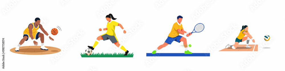 Obraz premium Flat vector illustration set of diverse athletes playing basketball, soccer, tennis, and volleyball, representing professional sports and active lifestyles.