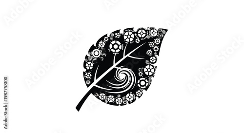 Leaf shaped design filled with intricate mechanical gears represents the synthesis of nature and industrial technology.