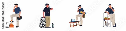 Set of senior male sports coaches in different poses with equipment like whistles, soccer balls, and tennis gear for training and athletic education.
