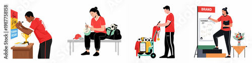 Set of illustrations featuring athletes signing autographs and staff organizing sports tournament logistics, equipment, and event planning for competitive games.
