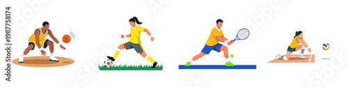 Flat vector illustration set of diverse athletes playing basketball, soccer, tennis, and volleyball, representing professional sports and active lifestyles.