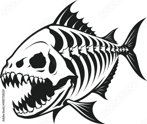 Piranha skeleton vector illustration with skull and sharp teeth