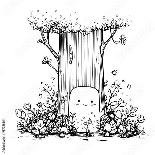 Cute little creature standing inside a hollow tree trunk surrounded by enchanted forest foliage flowers and whimsical mushrooms in a detailed hand drawn line art style