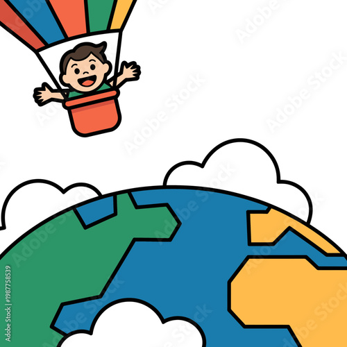 Happy little boy flying in a colorful hot air balloon above earth illustration featuring a cheerful child enjoying an aerial adventure across the globe in vector art