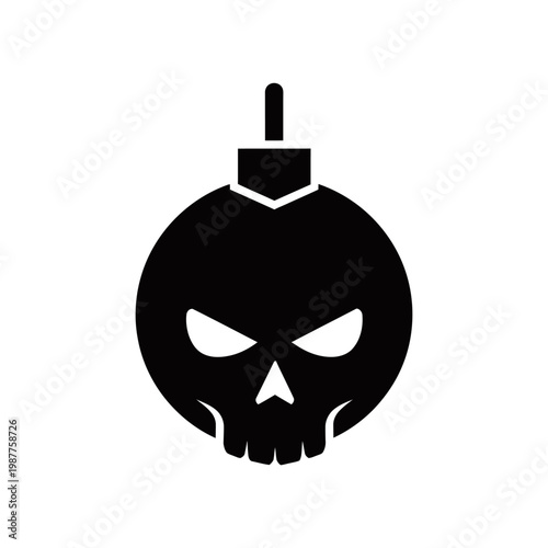 A black and white illustration of a bomb shaped like a skull with an ominous expression.