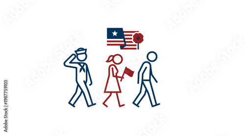 Memorial Day Parade Stick Figures with American Flag