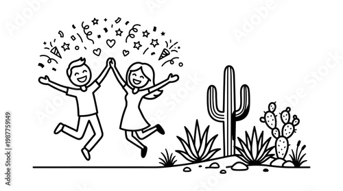Joyful Couple Celebrating with Confetti in Desert