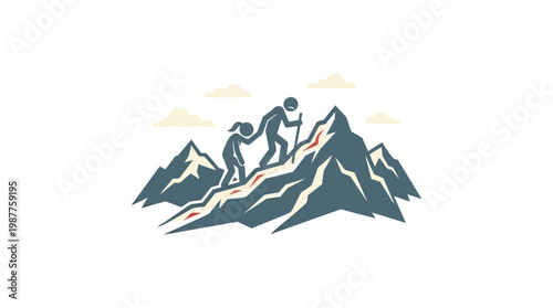 Couple Climbing Mountain Peaks Emblem