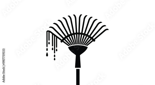 Rake silhouette displays dripping liquid elements to convey the concept of wet maintenance or garden cleanup during rainfall.