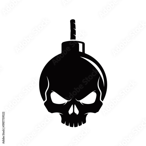 A striking black silhouette of a bomb shaped like a human skull with a fuse, featuring glowing eyes, symbolizing danger, power, and destruction.