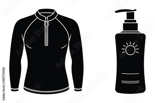 Rash guard shirt and sunscreen bottle for sun protection vector illustration