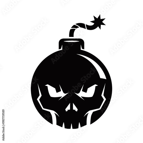 A menacing black silhouette of a bomb with a skull face and a lit fuse.