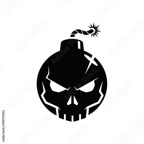A black and white illustration of a bomb with a skull face and a lit fuse.