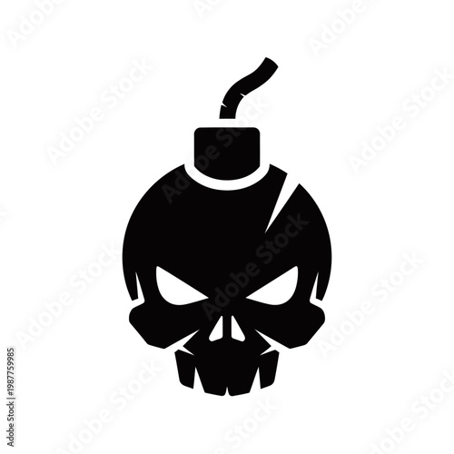 A black and white illustration of a skull-shaped bomb with a fuse, symbolizing danger and destruction.