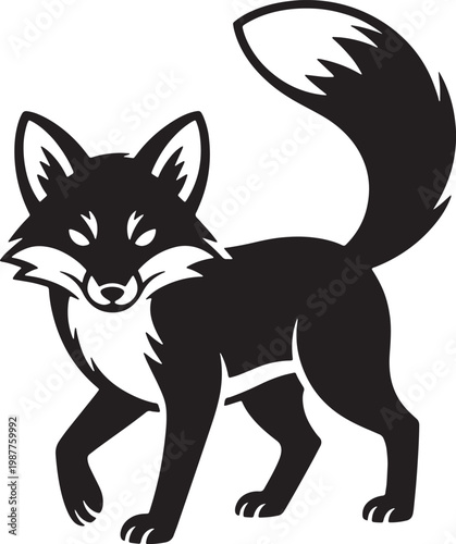 Black and white minimalist of a walking fox with a bushy tail animal wildlife