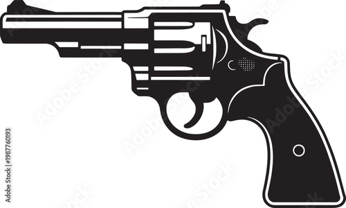 Black and white silhouette of a revolver handgun with detailed engravings and grip