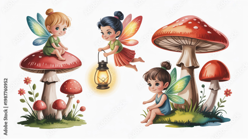 Obraz premium Whimsical Forest Fairy Lantern Collection Cute Mushroom Garden Spirits in Soft Watercolor Style