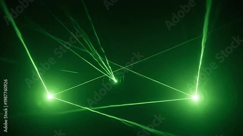 Abstract green light beams radiating from a central point in a dark environment