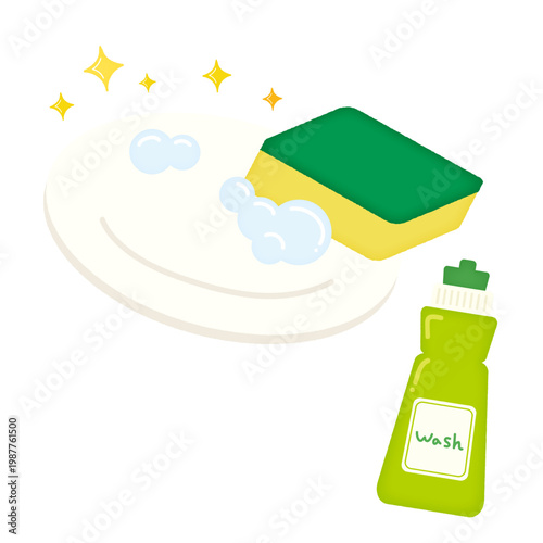 お皿を洗うイラスト|お皿・スポンジ・食器洗剤/Illustration of washing dishes
