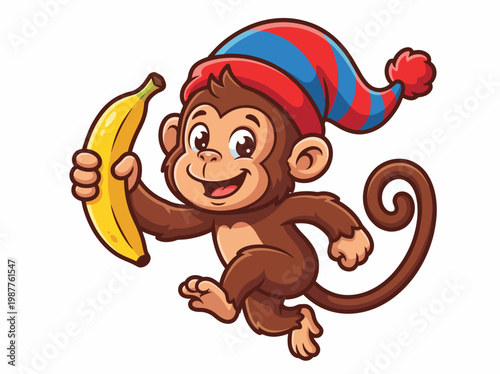 Adorable cartoon monkey vector illustration running happily while holding a ripe yellow banana, wearing a cute striped pompom hat.